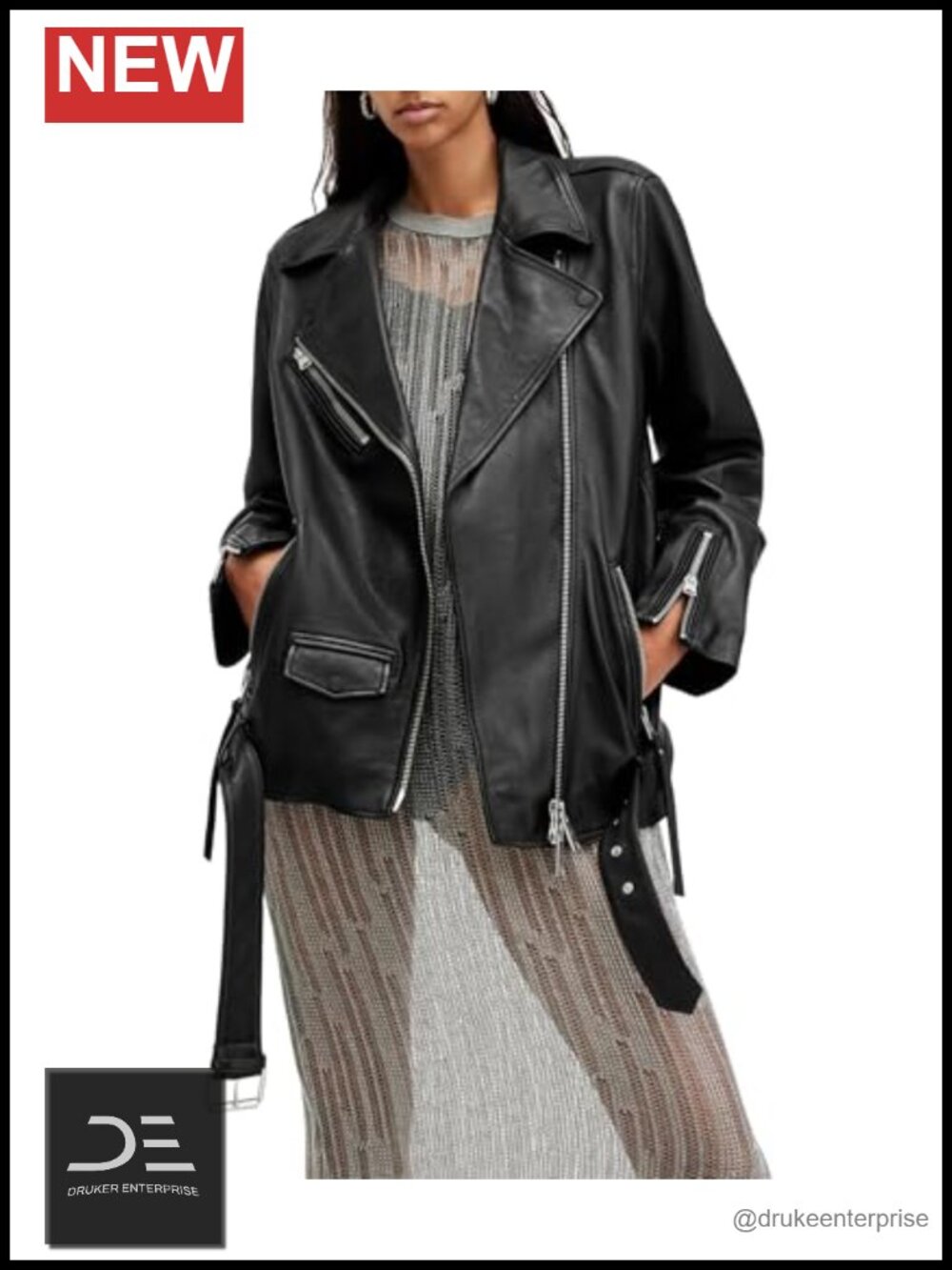 Sheep Leather Moto Biker Jacket Relaxed Fit Belted
